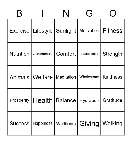 Wellbeing Bingo Card