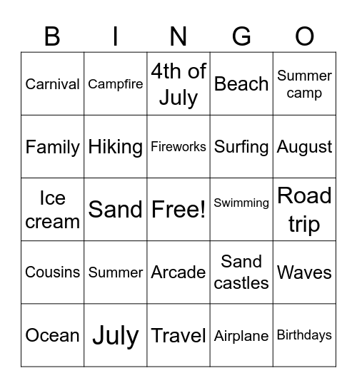 Summer end of Bingo Card