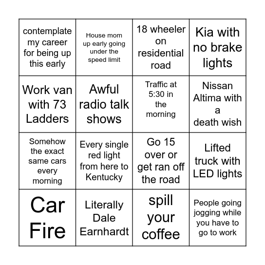 Atlanta Area Morning Commute Bingo Card