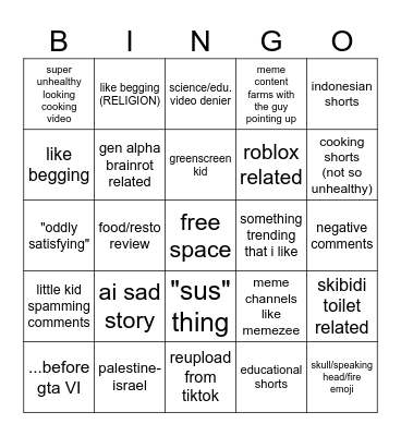 yt shorts bingo (shorts and comments) Bingo Card