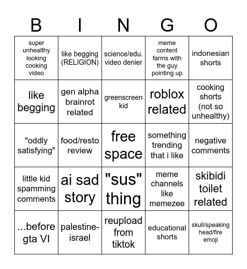 yt shorts bingo (shorts and comments) Bingo Card