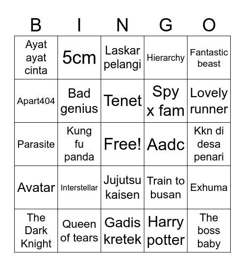 Naya’s Bingo Card