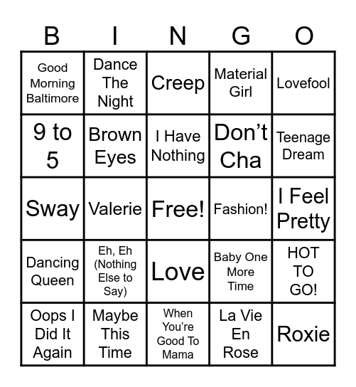 Celia + Mars Fav Musical Bingo Card