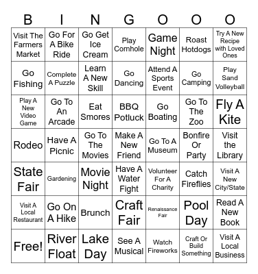 Summer Bucket List Bingo Card