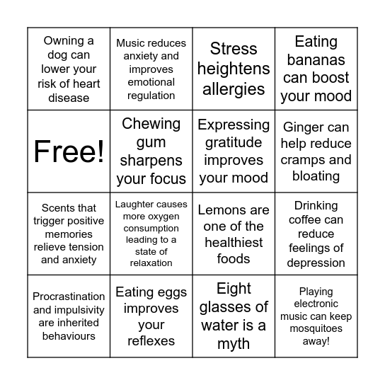 Wellness Fact Bingo Card