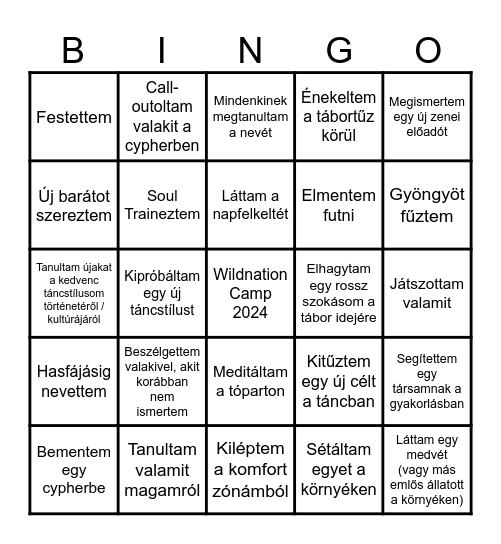 Wildnation Camp 2024 Bingo Card