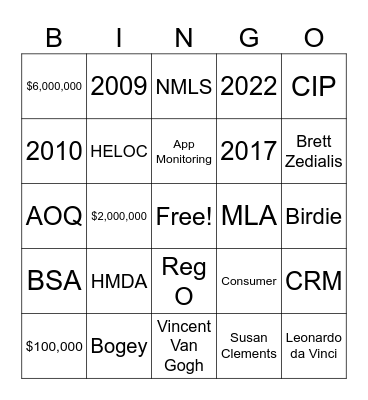 Loan Admin Bingo Card