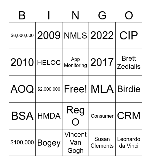Loan Admin Bingo Card