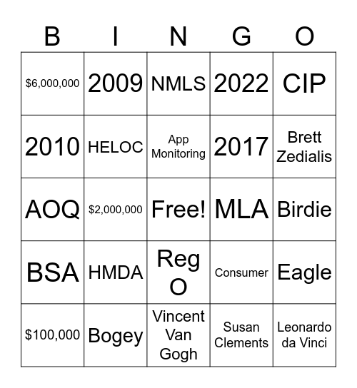 Loan Admin Bingo Card