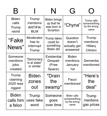 2024 Presidential Debate Bingo Card