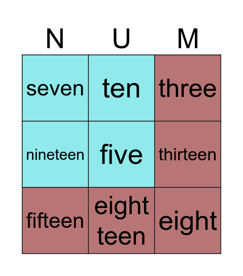 Numbers 1-20 Bingo Card