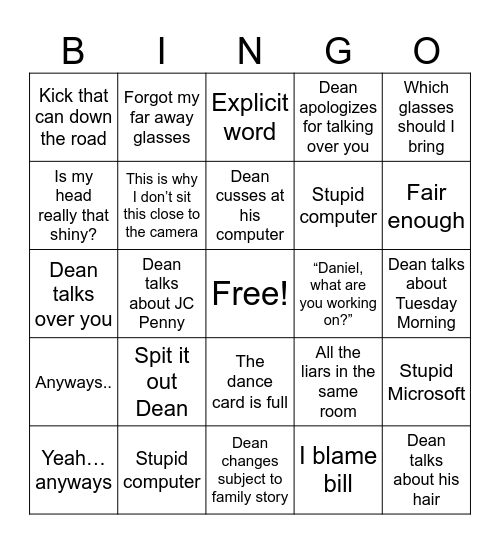 Dean Bingo Card