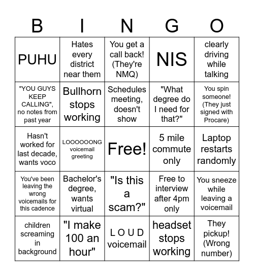 Cold Calling BINGO Card