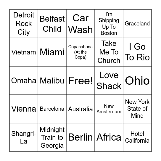 Round 2 - Going Places Bingo Card