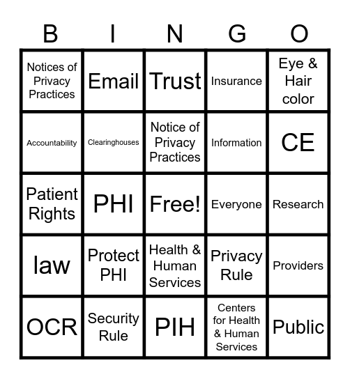 HIPAA Bingo Card