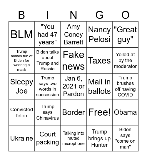 Presidential Debate BINGO Drinking Game Bingo Card
