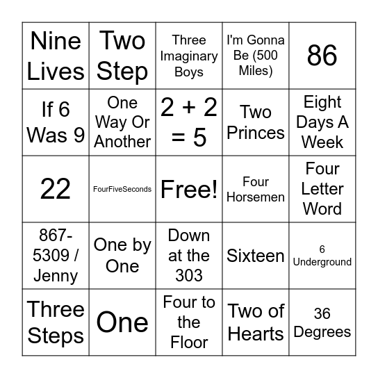 Round 3 & 4 - Songs That Count Bingo Card