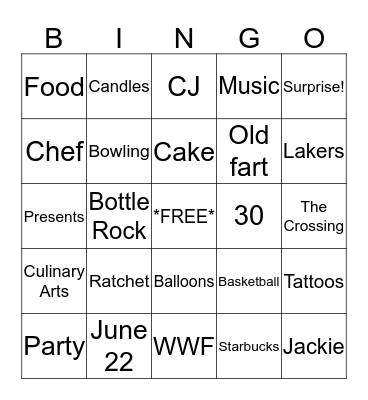 CJ's 30th Birthday Bingo Card