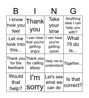 Customer Service Bingo Card