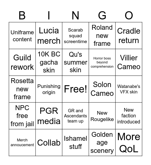Weekend dev stream Bingo Card