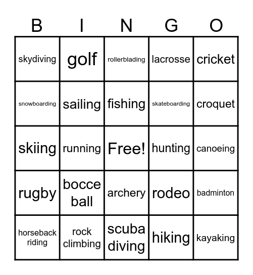 Outdoor Recreation Bingo Card