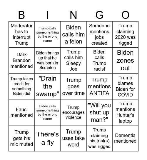 2024 Presidential Debate Bingo Card