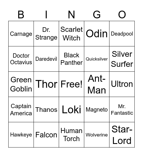 Marvel Bingo Card