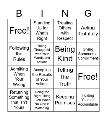 Honesty/Integrity Bingo Card