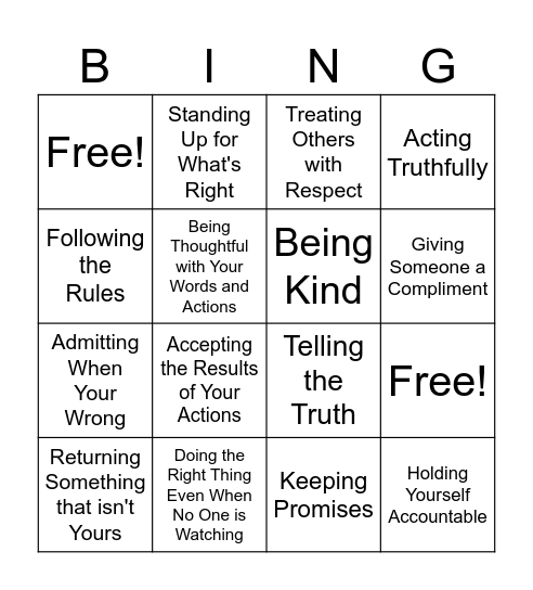 Honesty/Integrity Bingo Card