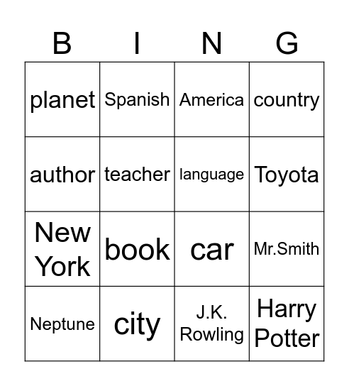 Common and Proper Nouns Bingo Card