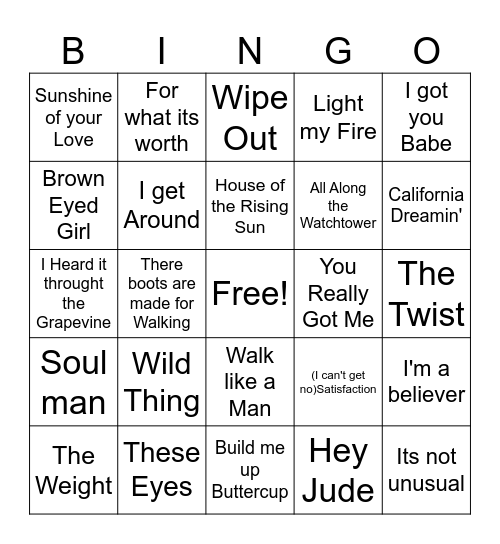 1960s Bingo Card