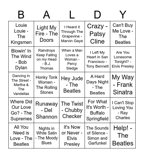 Top 100 of the 1960's Bingo Card