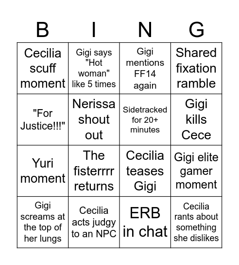 Cece Gigi Collab Bingo Card