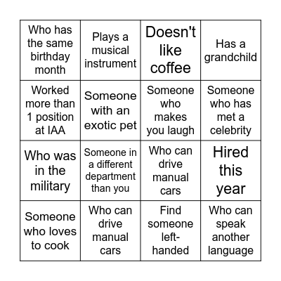 Get to know the team Bingo Card