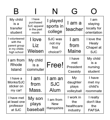SJC New Parent/Family Bingo!! Bingo Card