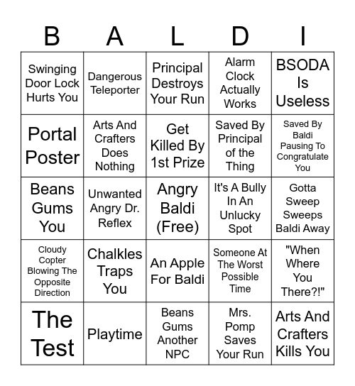 Baldi's Basics Plus Bingo Card