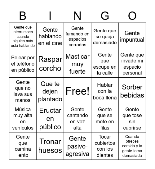 Pet Peeves Bingo Card