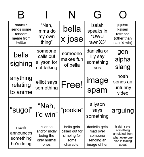 groupchat bingo Card