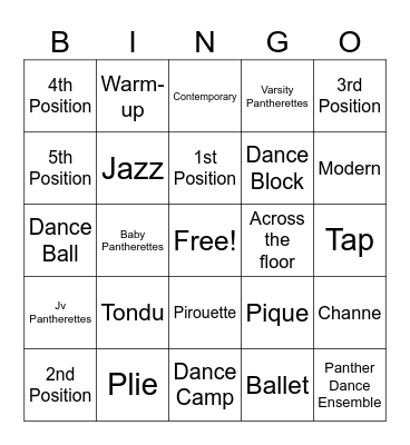 Dance Camp Bingo Card