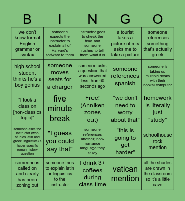 Summer Latin Bingo Card