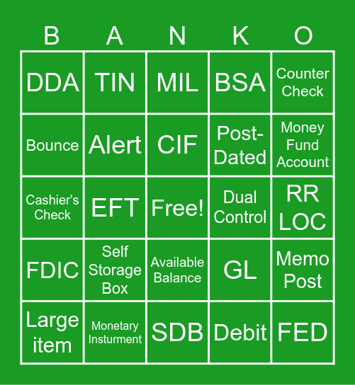 Banking Terminology Bingo Card