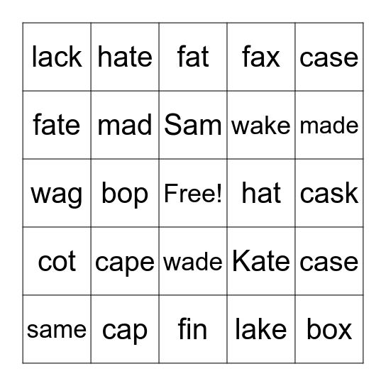 Long Vowel Silent -e Bingo Card