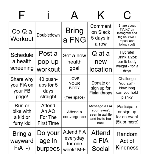 FiA Summer Challenge! Bingo Card