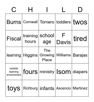 Growing Place Bingo Card