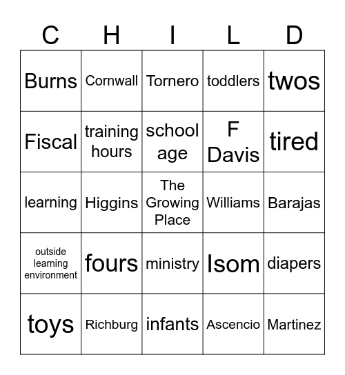 Growing Place Bingo Card