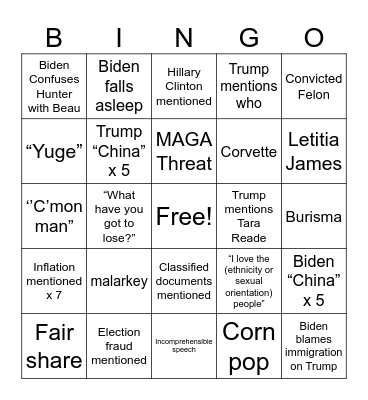 2024 DEBATE Bingo Card