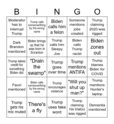 2024 Presidential Debate Bingo Card