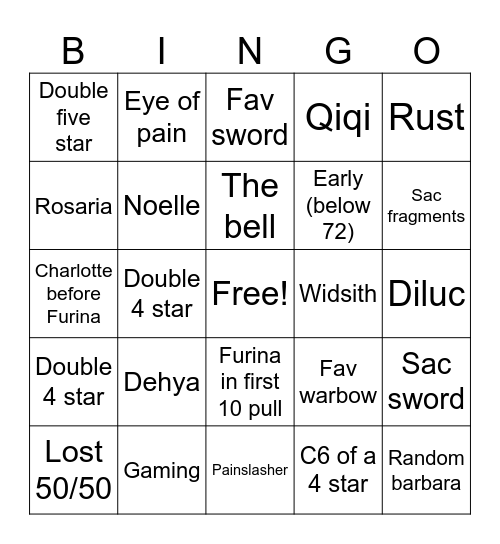 Furina Bingo Card