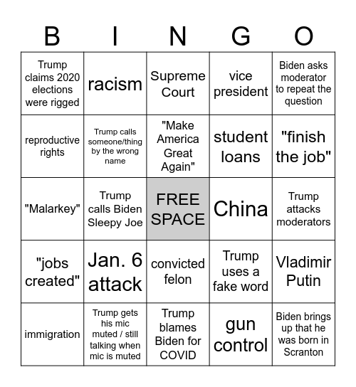 2024 Presidential Debate Bingo Card