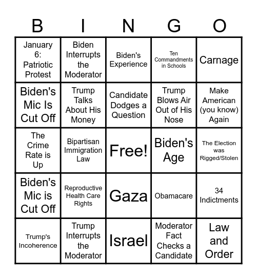 Debate Watch 2024 Bingo Card